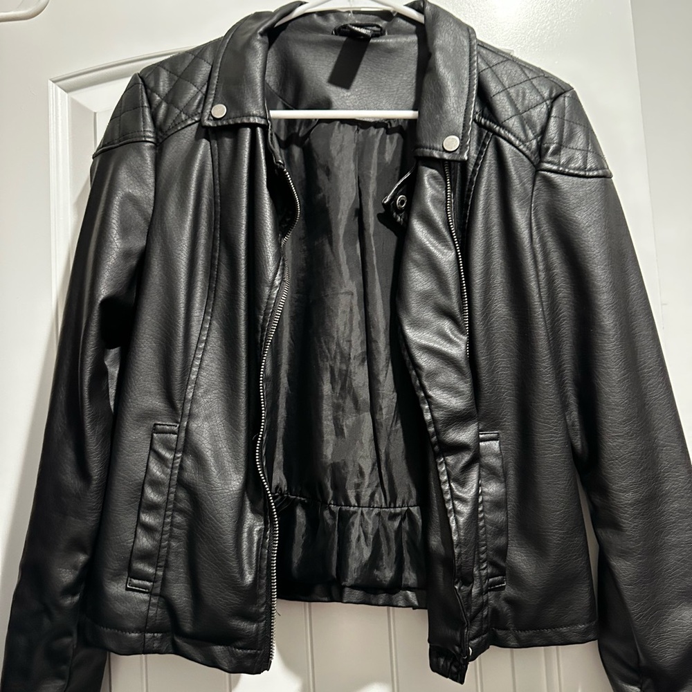 Rue21 Black Leather Motorcycle Jacket with Glossy Finish